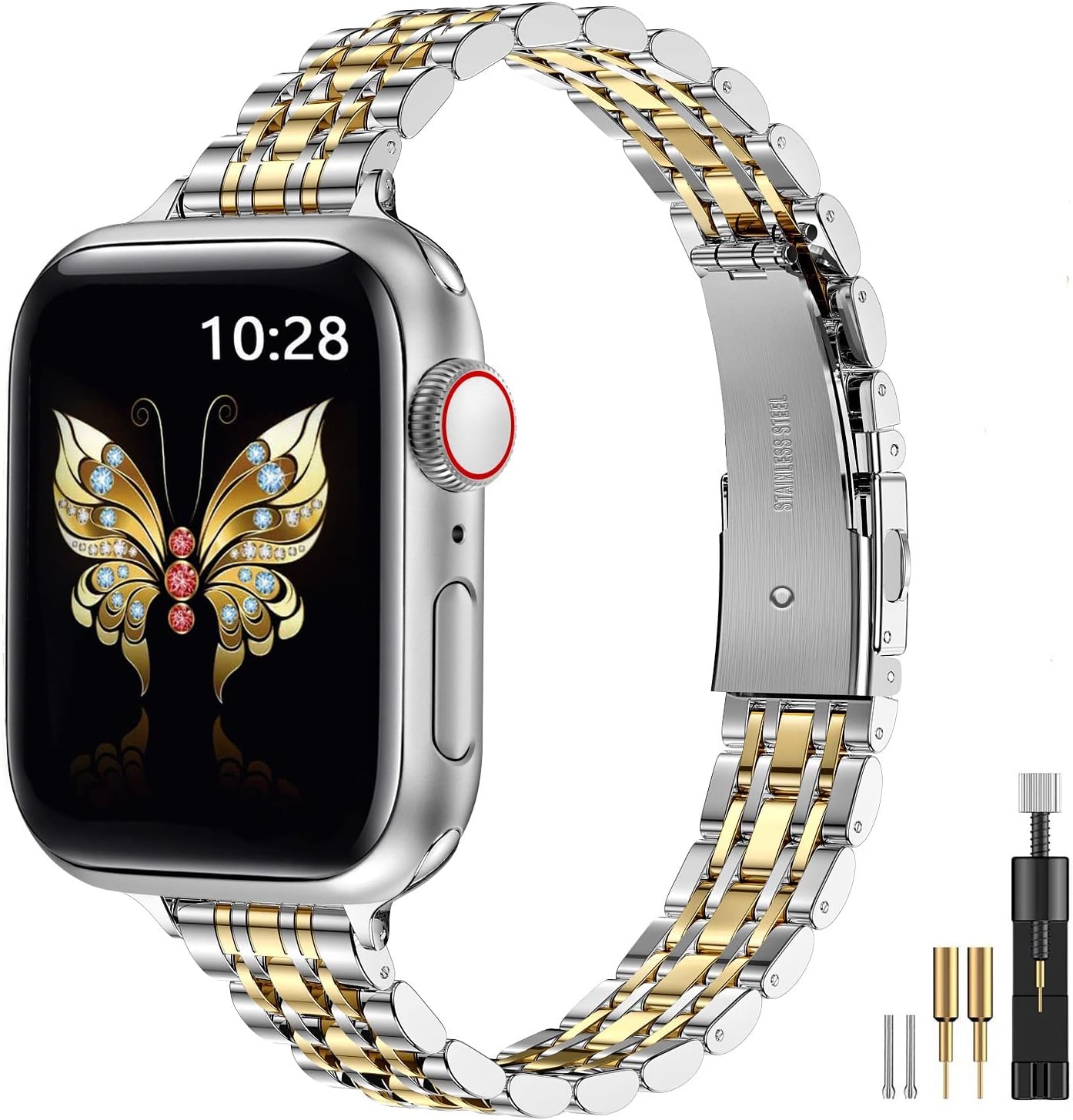 Slim Metal Band Compatible with Apple Watch Band 42mm(Series 11 10) 41mm(Series 9 8 7) 40mm(Series 6 5 4 SE3/2/1) 38mm(Series 3 2 1),Stainless Steel iWatch Bands for Women,Silver/Gold Silver/Gold 38mm 40mm 41mm 42mm