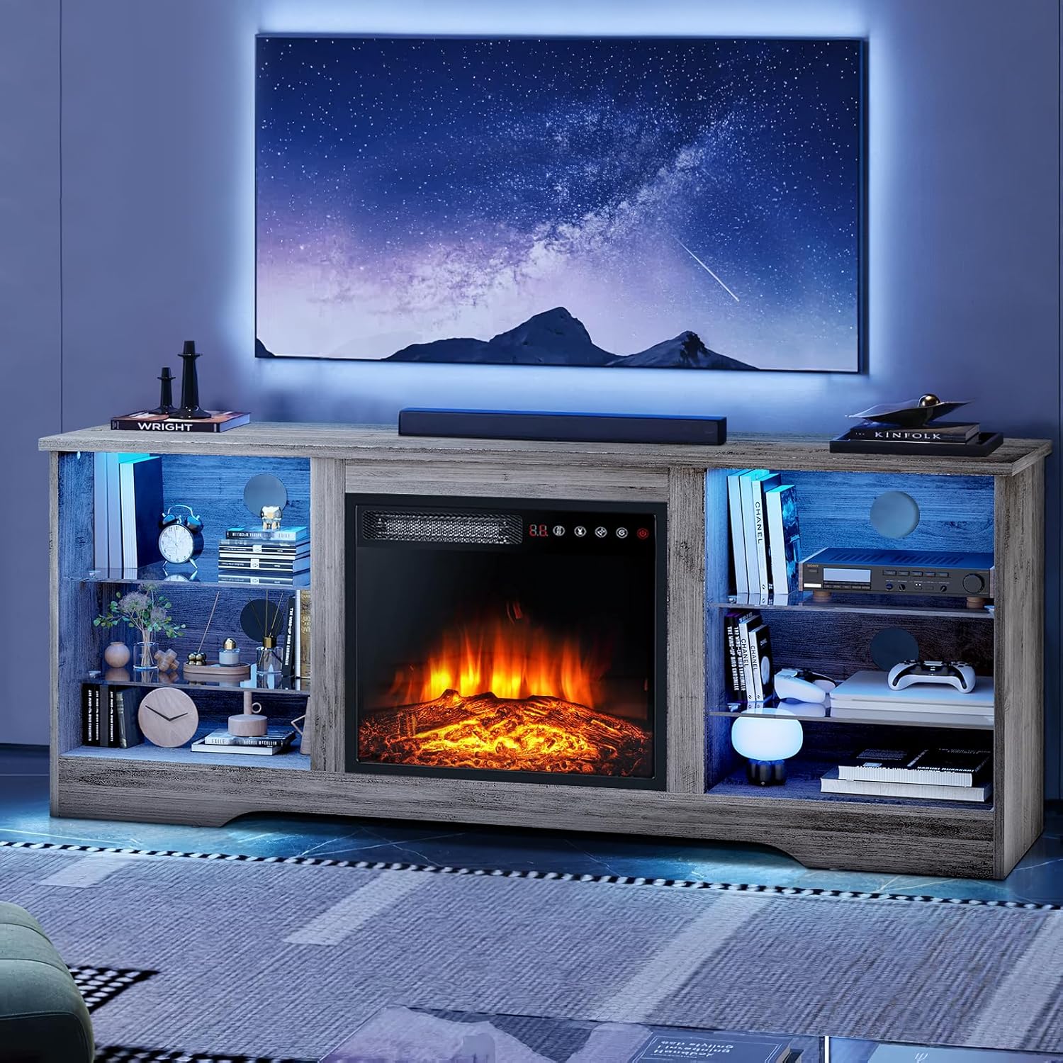 58 Inches Fireplace TV Stand for TVs up to 65 Inches Console with 18'' Electric Fireplace & Remote, Wooden Modern Entertainment Center for Living Room with LED Light Glass Shelves (Grey) 58" with 18" fireplace Gray