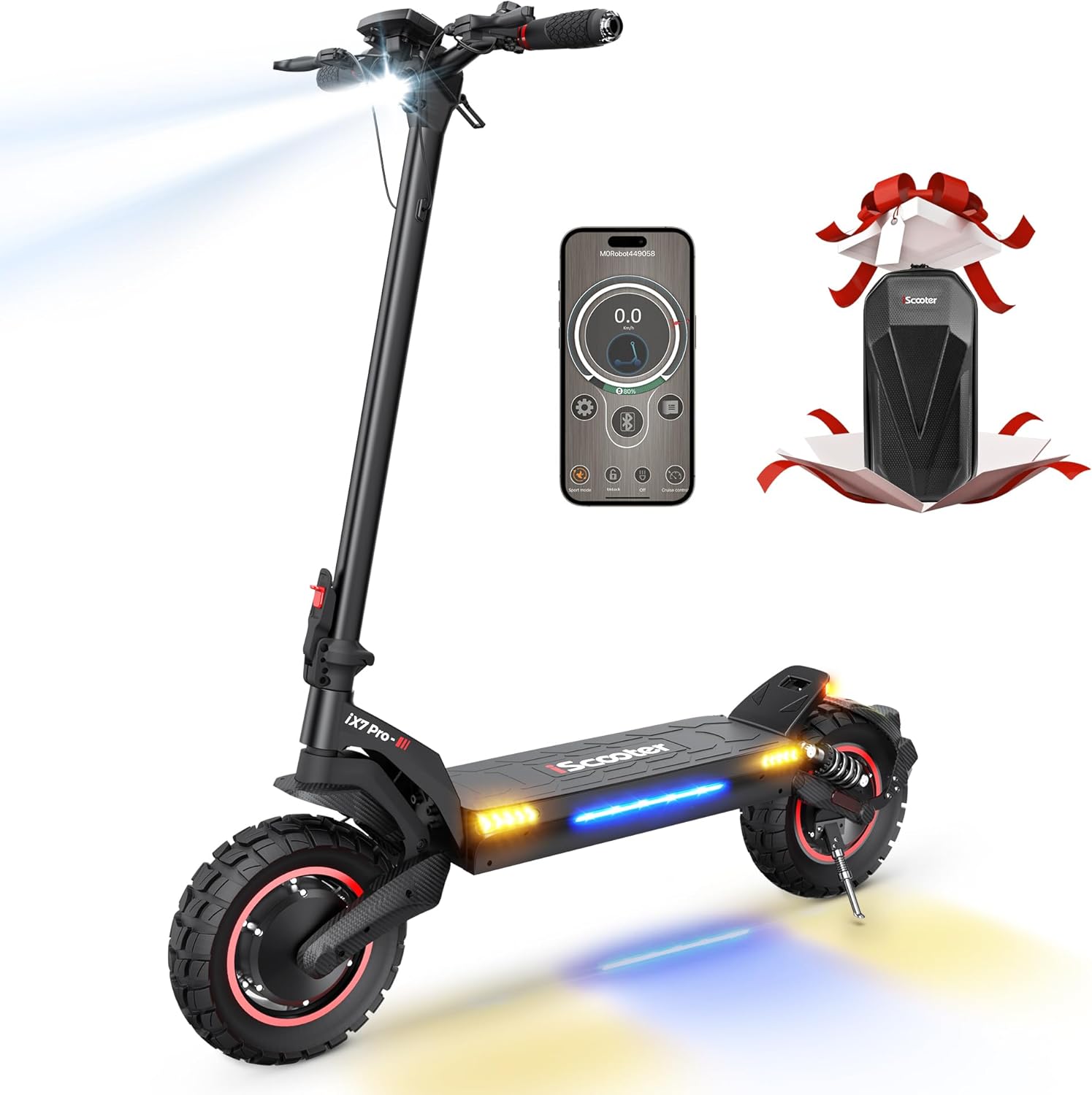 Electric Scooter, 28/38 MPH Top Speed E Scooter & 40/43/50 Miles Long Range, 10/11/12" Offroad Pneumatic Tire Scooter for Adults with Turn Signals, Double Braking Systems, APP and Storage Bag iX7 Pro(38MPH, 50MILES)