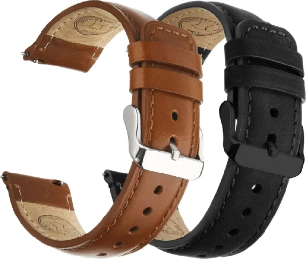 18mm 20mm 22mm Leather Watch Bands Quick Release Watch Strap for Men Women, 2 Pack Soft Replacement Strap Wristband with Stainless Steel Buckle Toffee Brown&Silver/Black&Black 20mm