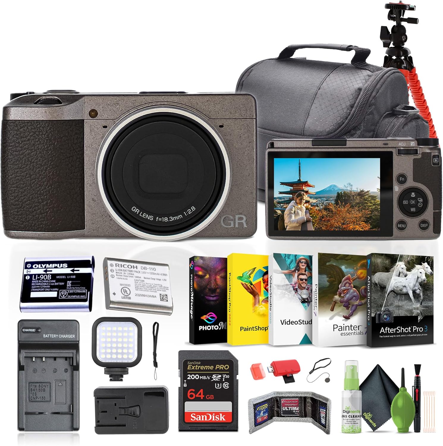 GR III Diary Edition Compact Portable Digital Camera (01249) + 64GB Memory Card + Photography Software + LED Light + Camera Bag + Flexible Tripod + Li 90B Battery + External Charger + More