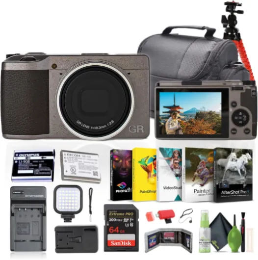 GR III Diary Edition Compact Portable Digital Camera (01249) + 64GB Memory Card + Photography Software + LED Light + Camera Bag + Flexible Tripod + Li 90B Battery + External Charger + More