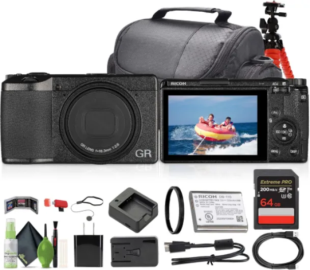 GR III Compact Portable Digital Camera (15039) + 64GB Memory Card + Camera Bag + Flexible Tripod + Cleaning Kit + Card Wallet and Reader + Lens Cap