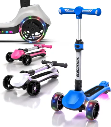 Kids Electric Scooter for Age 4-9, Light Up 3-Wheeled Scooter with Big LED Wheels, Wide Flashing Deck, Adjustable Height Blue
