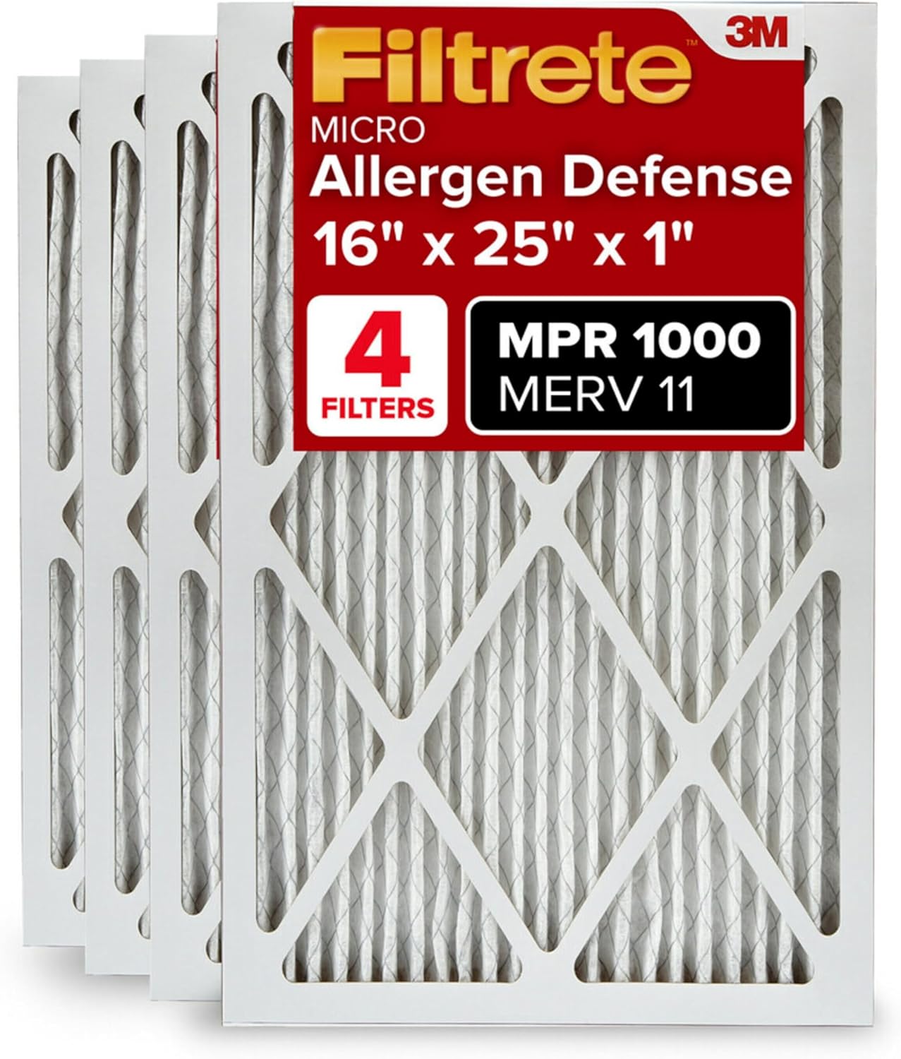 16x25x1 AC Furnace Air Filter, MERV 11, MPR 1000, Micro Allergen Defense, 3-Month Pleated 1-Inch Electrostatic Air Cleaning Filter, 4 Pack (Actual Size 15.69 x 24.69 x 0.81 in)