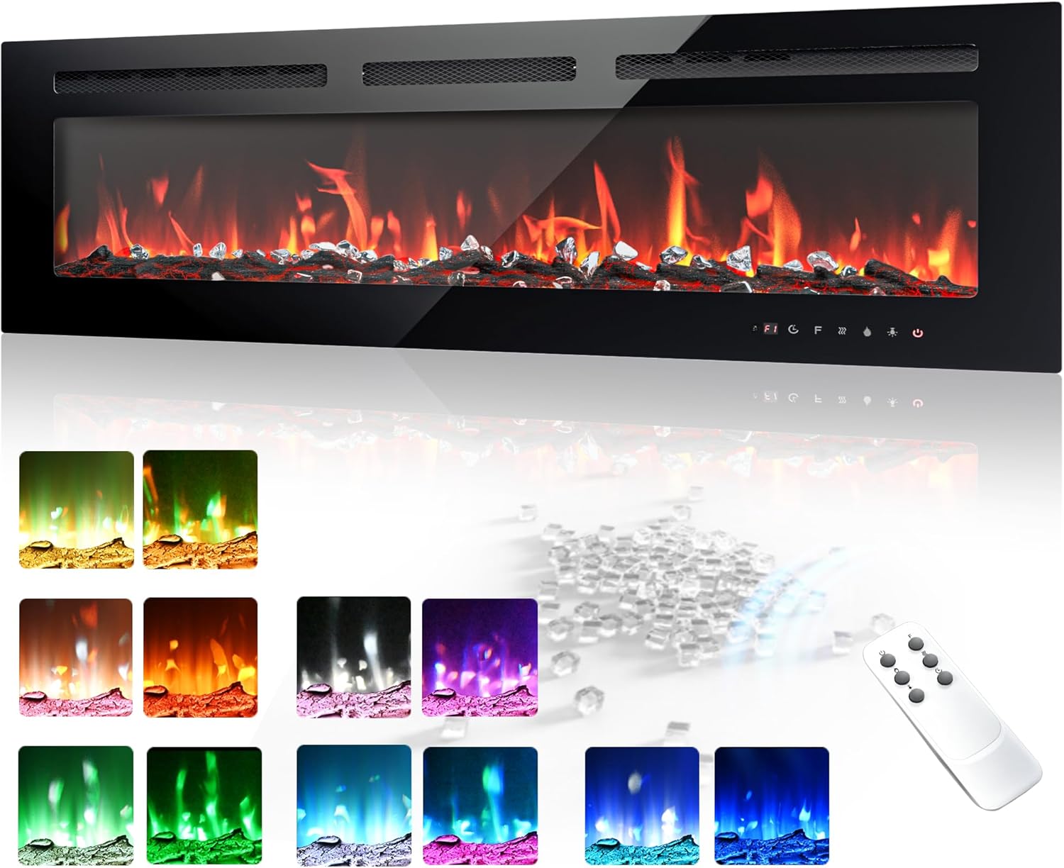 50 Inch Electric Fireplace Wall Recessed and Wall Mounted with Adjustable Flame Color, Fireplace Heater with Remote Control, Linear Fireplace with Timer, Touch Screen, Log & Crystal, 750/1500W 50Inch