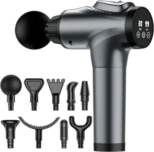 Massage Gun, Muscle Massage Gun for Athletes Handheld Electric Deep Tissue Back Massager, Percussion Massage Device for Pain Relief with 30 Speed Levels 9 Heads Grey