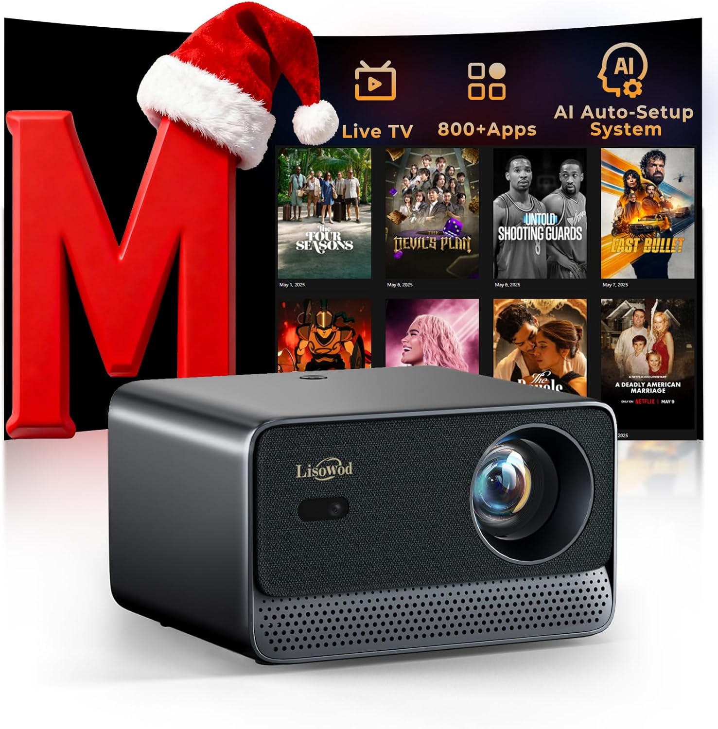 Projector with WiFi and Bluetooth: [1700 ANSI/Ai Auto Focus/800+ Apps/Auto 4P Keystone/Compatible with Netflix] Outdoor-Projector, 1080P Smart-Portable-Mini-Movie-Projector,Lisowod L03Pro with Live TV S Black