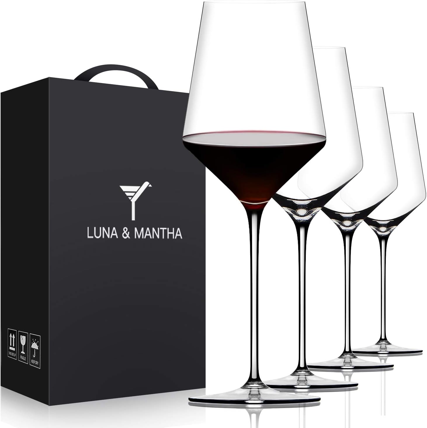 Red Wine Glasses Set of 4, Premium Crystal Wine Glasses Hand Blown,15 oz,Thin Rim,Long Stem,Perfect for Red or White,Daily Use,Unique Wedding Anniversary or Birthday Gift Red-15oz (4 Count)