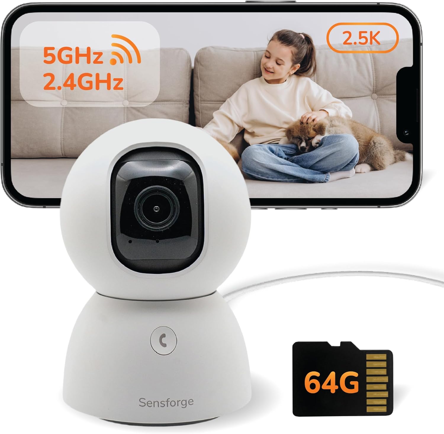 2.5K Indoor Pan-Tilt Dome Security Camera, AI Human & Pet Detection, 360° Coverage, Two-Way Audio, Dual-Band Wi-Fi (2.4G/5G), 64GB SD Card Included, No Monthly Fees 1 White