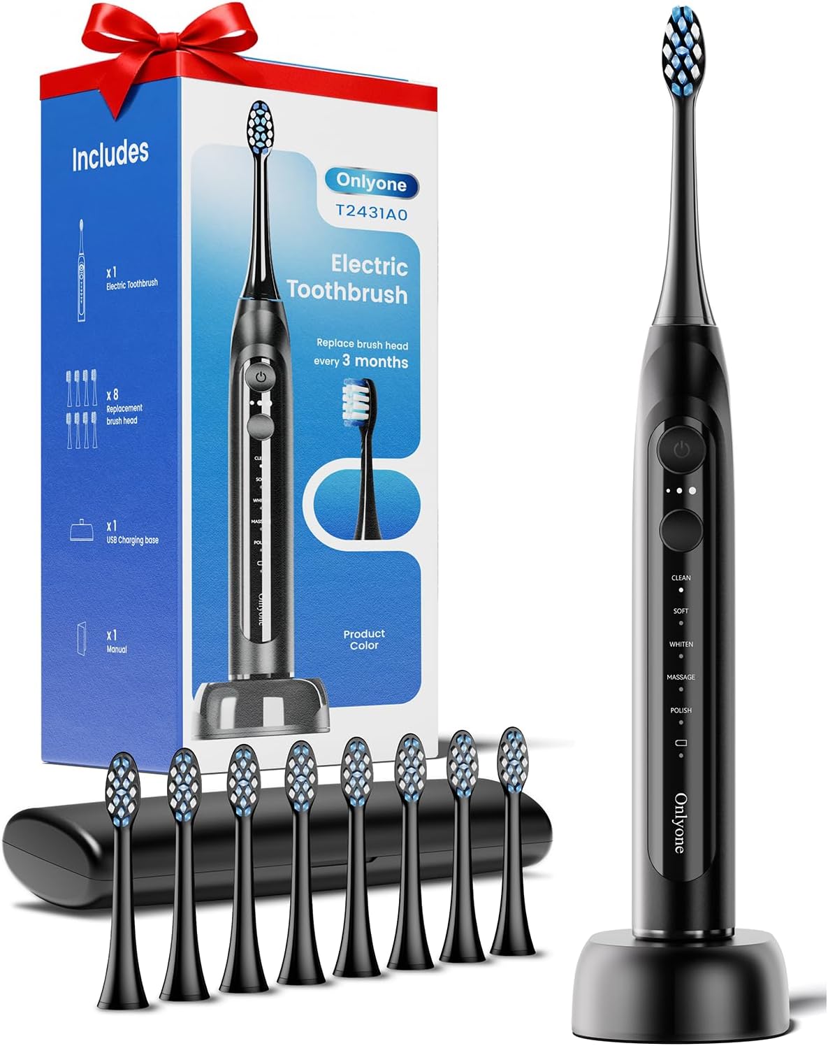 Sonic Electric Toothbrush for Adults, Rechargeable Ultrasonic Electric Toothbrush with 8 Brush Heads, Travel Case, Charging Base & Wireless Charging - 5 Modes with Smart Timer Black