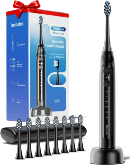 Sonic Electric Toothbrush for Adults, Rechargeable Ultrasonic Electric Toothbrush with 8 Brush Heads, Travel Case, Charging Base & Wireless Charging - 5 Modes with Smart Timer Black