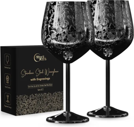Stainless Steel Wine Glasses - Set of 2 Etched 16 oz Metal Goblets, Unbreakable Rose Gold Cups for Camping, Travel, Outdoor Events, Picnics, Luxury Wine Gifts for Women and Men Black