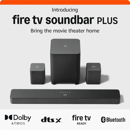 Amazon Fire TV Soundbar Plus with subwoofer and surround sound speakers (newest model), 5.1 channel, Dolby Atmos, clear dialogue