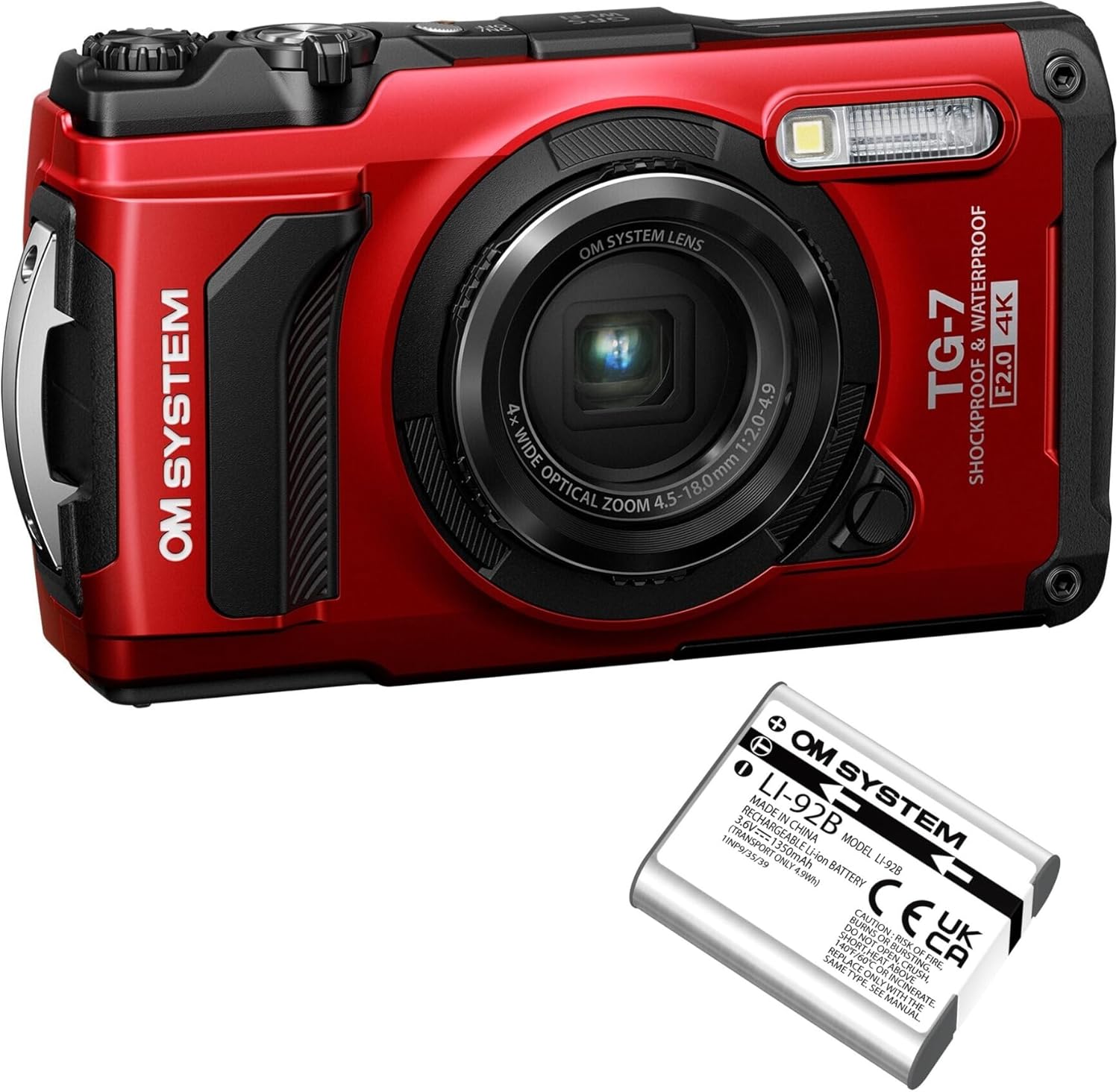 Olympus Tough TG-7 12MP Digital Camera with F2.0 Lens and TruePic VIII Image Processor (Red) Bundle with LI-92B Rechargeable Li-Ion Battery for Tough TG-5, Tough TG-6, and Tough TG-7 Cameras (2 Items)