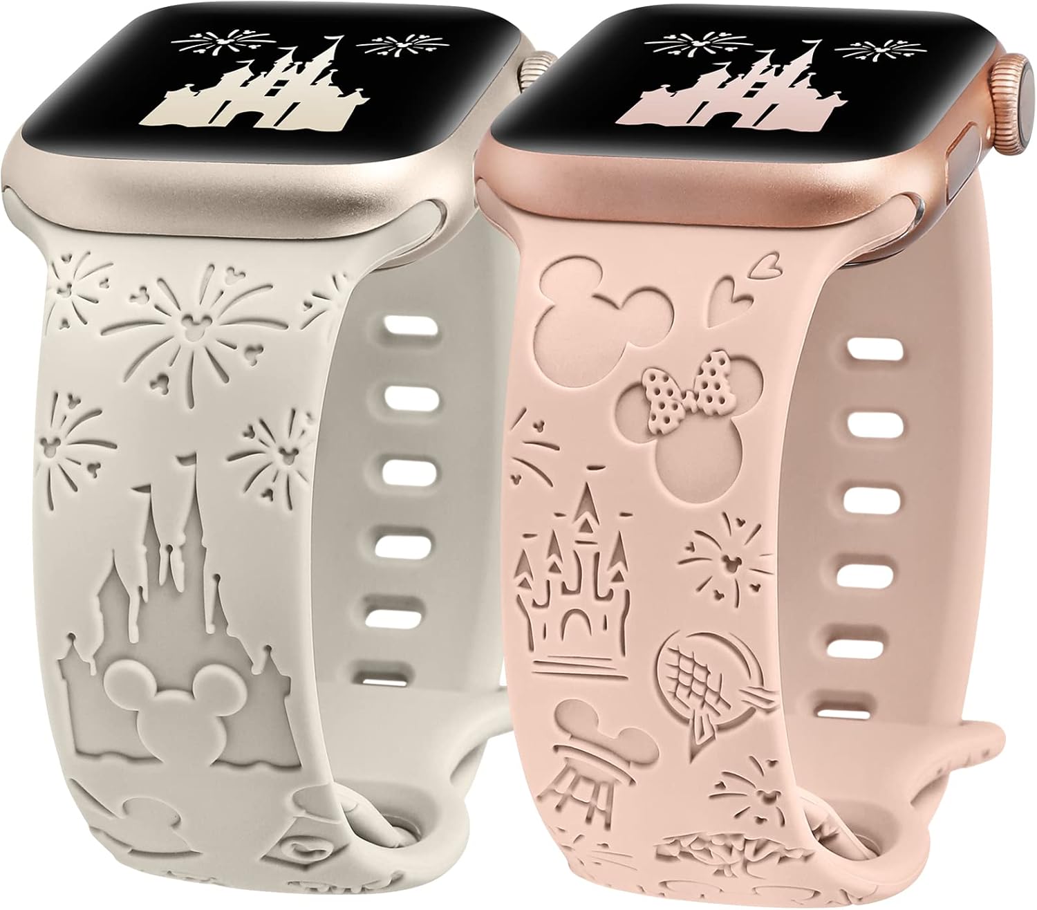 2 Packs Cartoon Engraved Band Compatible with Apple Watch Band 38/40/41/42/ 44/45/ 46/49mm Women, Cute Designer Soft Silicone Strap for iWatch Series 11 10 9 8 7 6 5 4 3 SE/Ultra 3 2 1 Starlight & Pink 38/40/41/42mm(Series 11 10)
