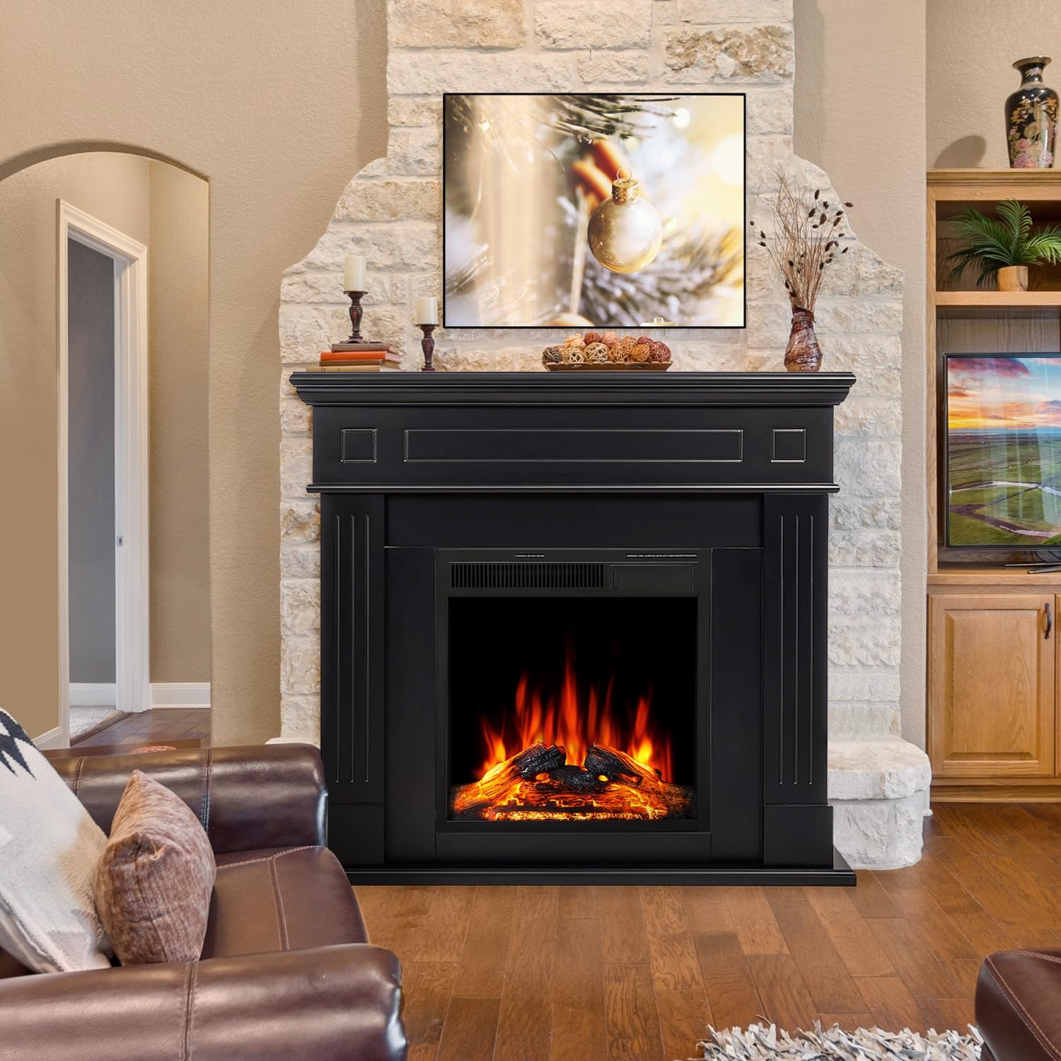 43” Electric Fireplace Mantel Freestanding Electric Fireplace, Remote Control, Adjustable Led Flame, 750W/1500W Black Black 43''