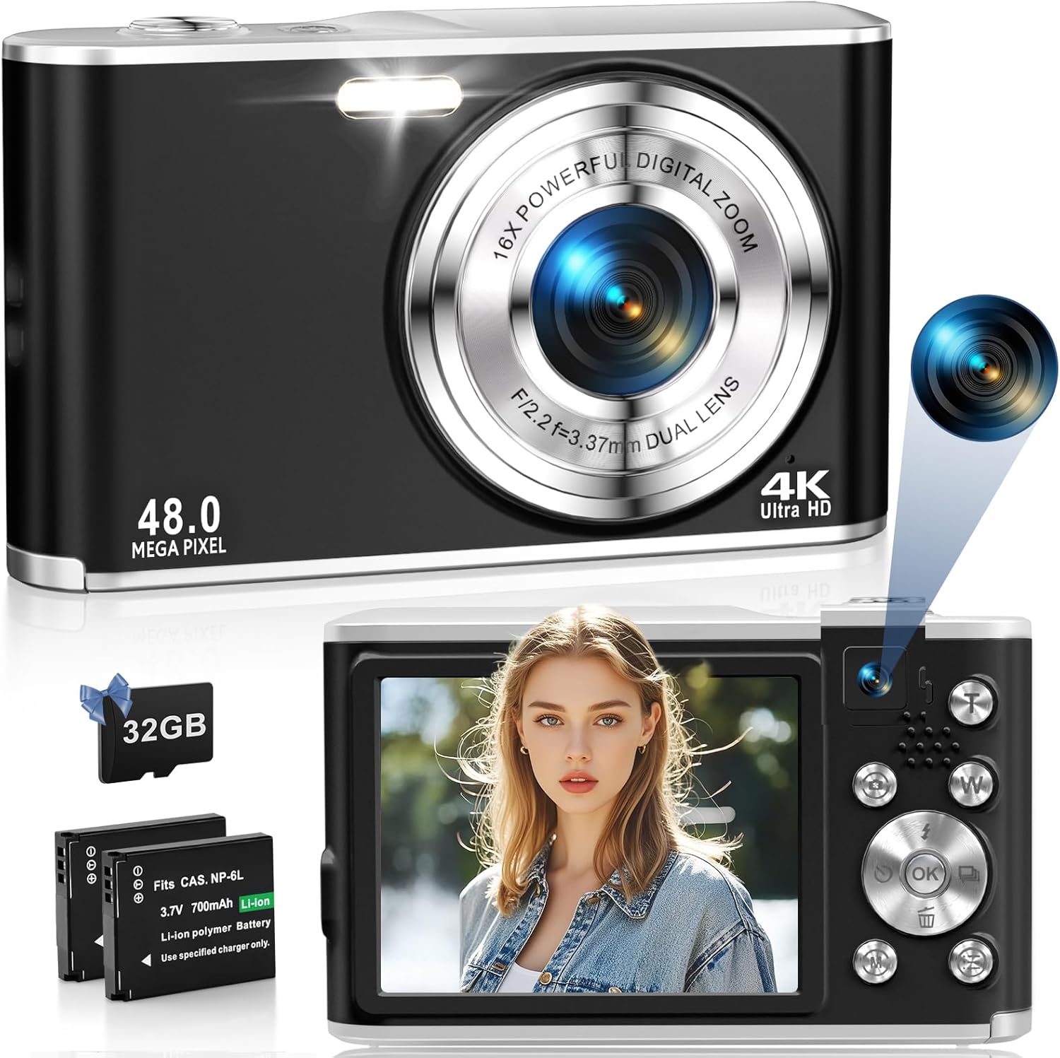 4K Digital Camera for Photography, 48MP Dual Cameras for Photography, 16X Digital Zoom Point and Shoot Cameras with 32GB Card & 2 Batteries Camera for Boys Girls Kids - Black