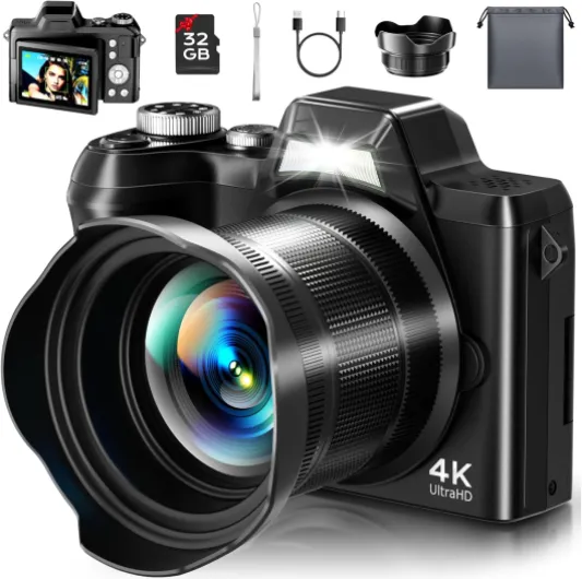 4K Digital Camera for Photography, Autofocus 56MP Vlogging Camera for YouTube/Content Creators/Travel, 16X Zoom Video Camera with 3" 180°Flip Screen & Lens Hood, Gift Ideas for Teens & Beginners Black