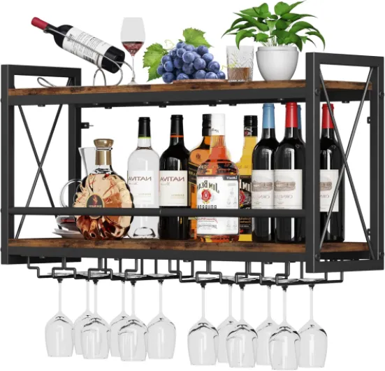 Wall Mounted Wine Rack, Bottle & Glass Holder Wood-Metal Retro Wine Rack, Wine Bottles Display Wall Storage for Kitchen Dining Room Home Bar 31.5"W x 7.91"D x 16.85"H