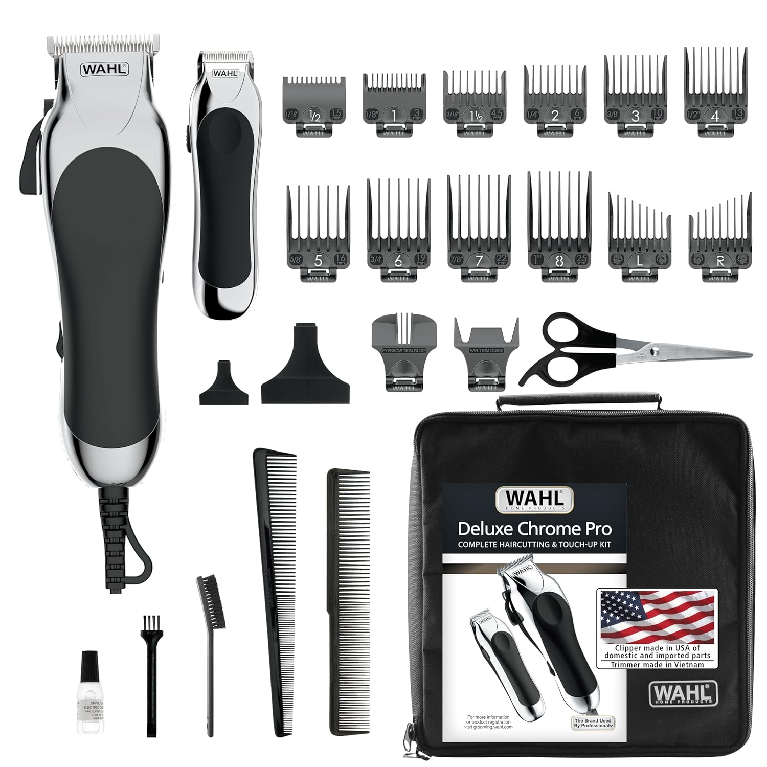 Clipper USA Deluxe Corded Chrome Pro, Complete Hair and Trimming Kit, Includes Corded Clipper, Cordless Battery Trimmer, and Styling Shears, for a Cut Every Time - Model 79524-5201M 25 Piece Set