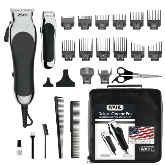 Clipper USA Deluxe Corded Chrome Pro, Complete Hair and Trimming Kit, Includes Corded Clipper, Cordless Battery Trimmer, and Styling Shears, for a Cut Every Time - Model 79524-5201M 25 Piece Set