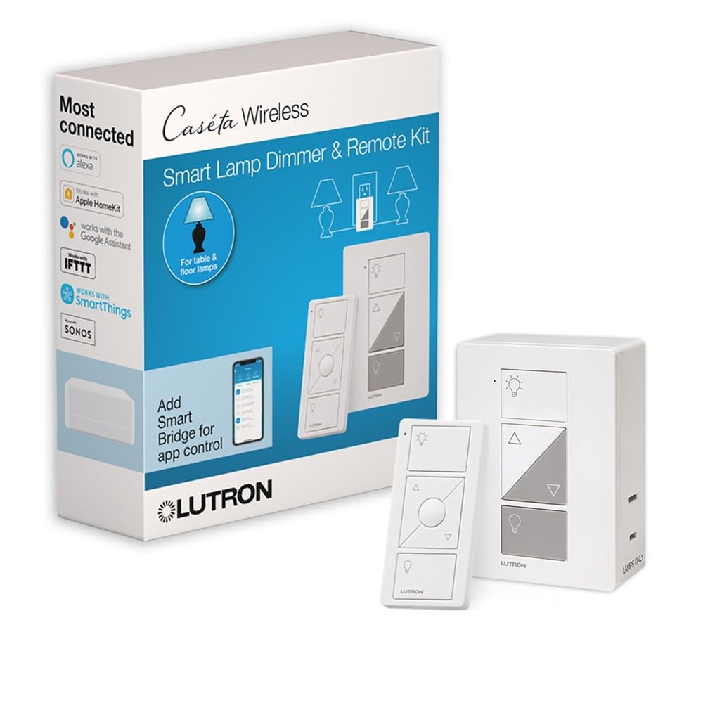 Caseta Smart Plug-In Lamp Dimmer Switch Kit with Pico Remote, Smart Dimmer for LED Lights, Table and Floor Lamps, 100W, Single-Pole/3-Way, P-PKG1P-WH Lamp Dimmer and Remote Kit
