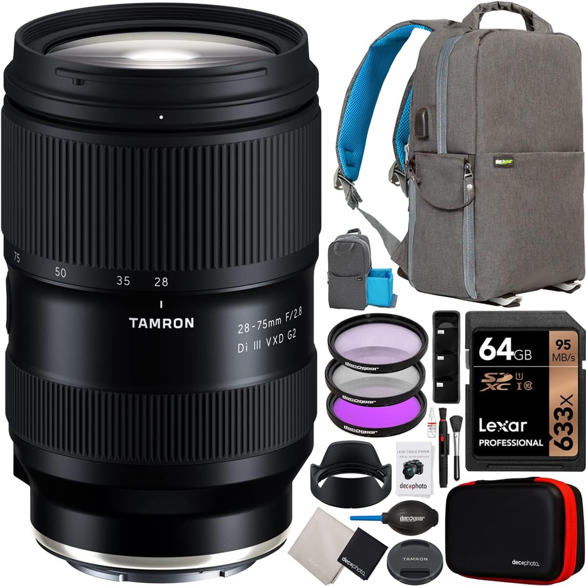 28-75mm F/2.8 Di III VXD G2 Lens for Sony E-Mount Full Frame Mirrorless Cameras Model A063 Bundle with Deco Gear Photography Backpack + UV Polarizer FLD Filter Kit + 64GB Card and Accessories