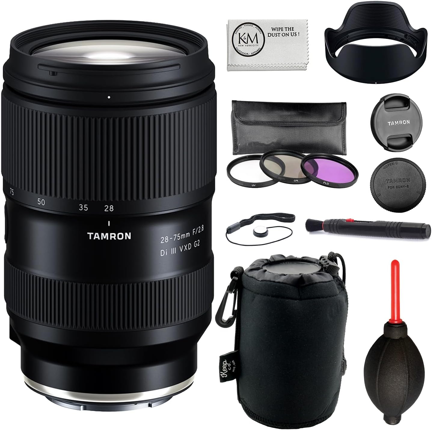 28-75mm f/2.8 Di III VXD G2 Lens for Sony E Bundle with 3-Piece Filter Set + Lens Pouch + Lens Pen + Blower + Lens Cap Keeper + Microfiber Cloth (5 Items) Sony E Mount