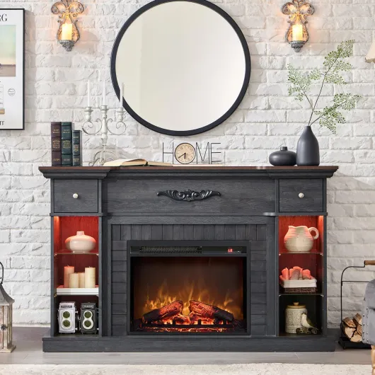 54" Farmhouse Electric Fireplace with Mantel, 33" Tall LED Fireplace TV Stand w/7 Lighting Colors, 23'' Freestanding Electric Fireplace Heater, Open Adjustable Shelves & Drawers, Grey Gray
