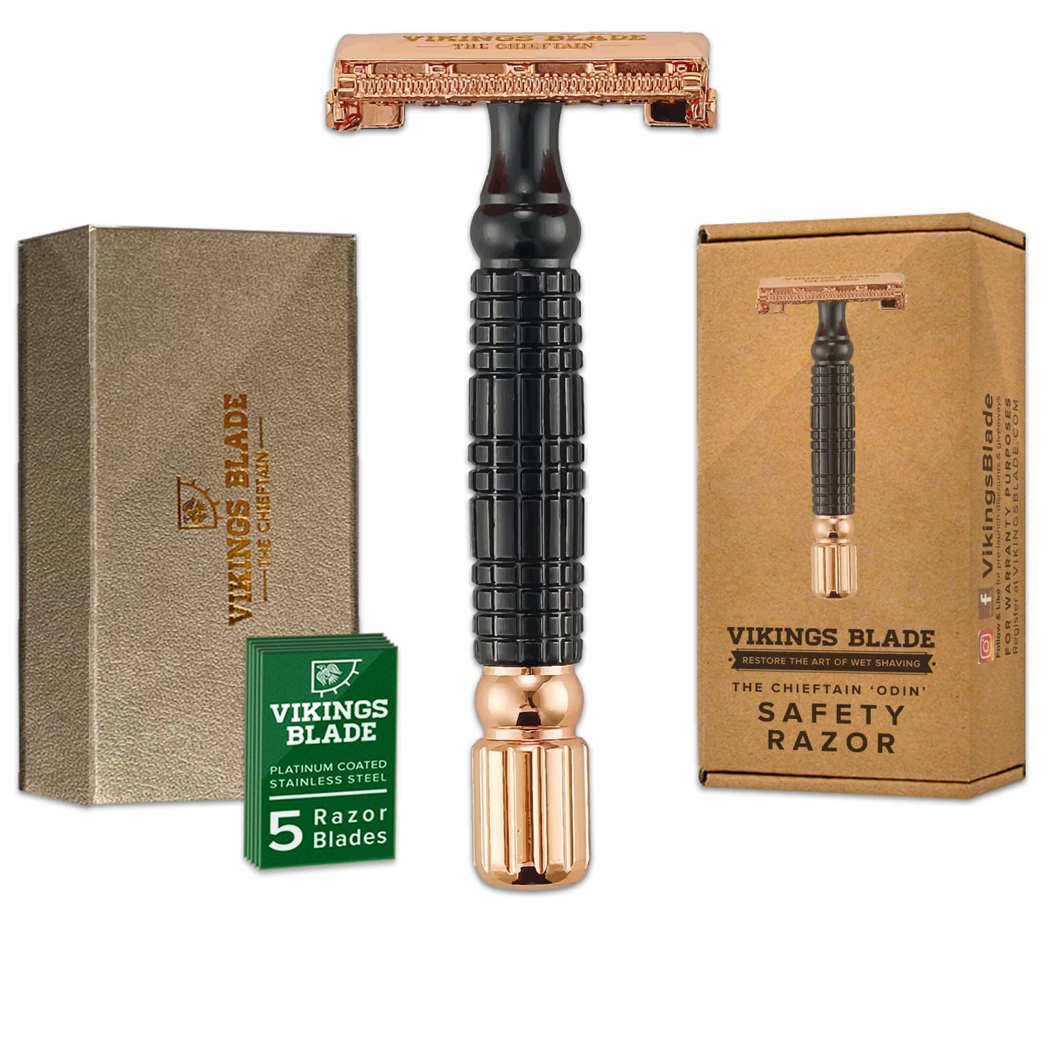 Double Edge Safety Razor for Men + 5 Swedish Steel Blades + Luxury Case - Smooth, Reusable, Eco-Friendly (Chieftain “Odin”) Obsidian & Rose Gold