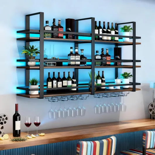 Wall Mounted Wine Rack with LED Lights, 3-Tier Large Capacity Metal & Wood Liquor Racks for Liquor Bottles and Glasses Holder, Industrial Floating Bar Shelves for Home, Kitchen (39.4×8.7×47.2in)