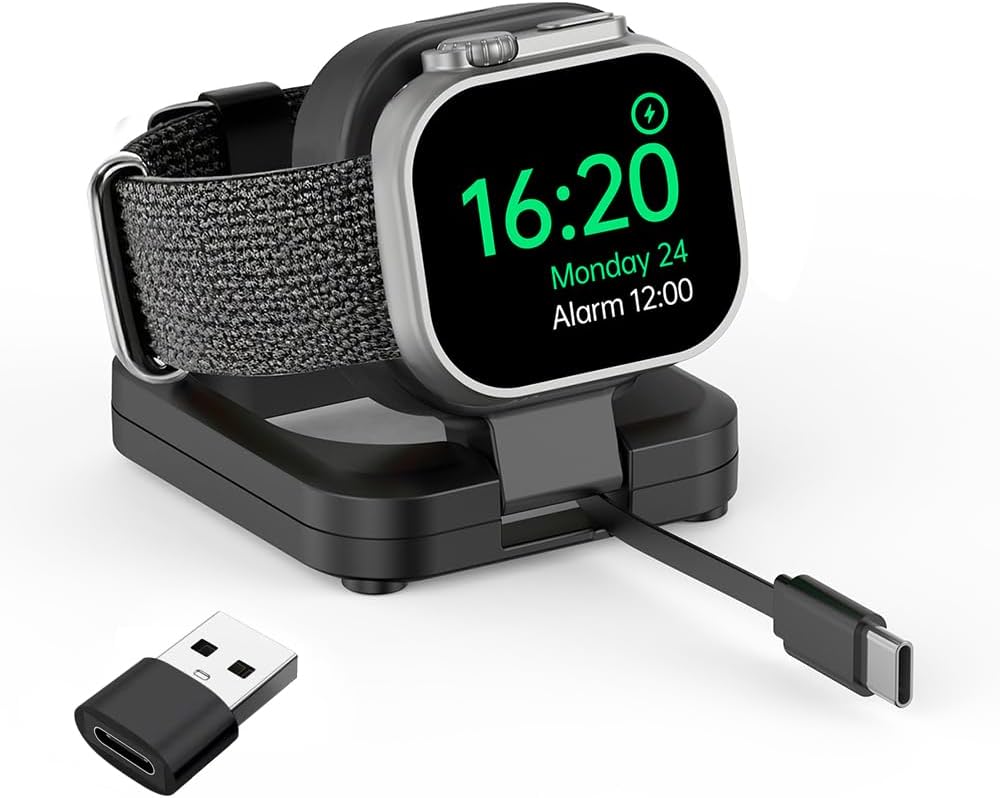 Portable Magnetic Charging Dockr for Apple Watch,Foldable Wireless Fast Charger Stand with 2.3 ft Retractable USB C Cable for Apple Watch Series10/9/8/7/6/5/4/3/2,Ultra/2/SE (Black)
