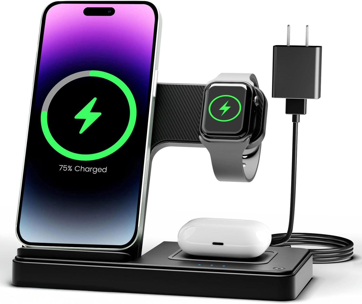 Wireless Charger iPhone Charging Station: 3 in 1 Charger Stand Multiple Devices for Apple - iPhone 17 16e 16 15 14 Pro Max 13 12 11 - Watch 10 9 8 7 6 5 4 3 2 SE and Ultra Series - Airpods 4 3 Pro Black
