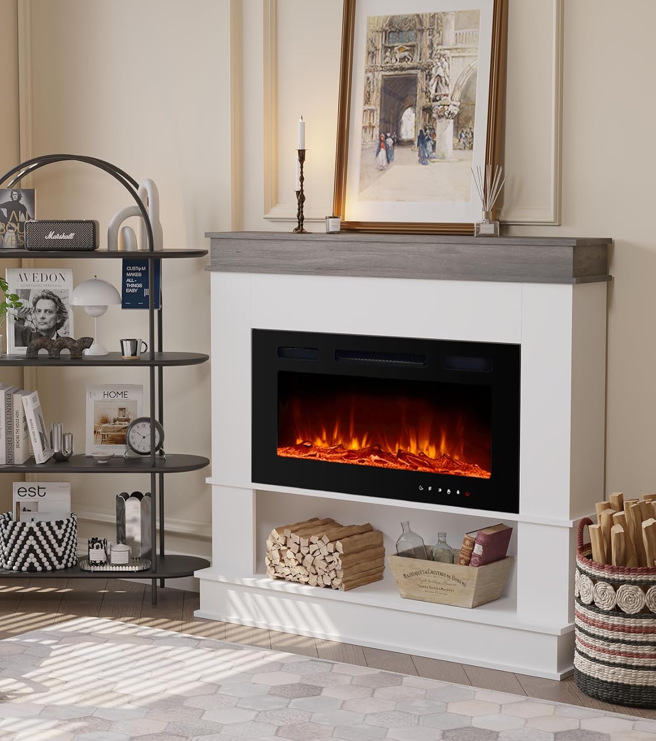 Electric Fireplace with Mantel,Freestanding Fireplace Heater with 30" Insert Fireplace with 12 Adjustable Flame Colors for Living Room, 1500W White 30“