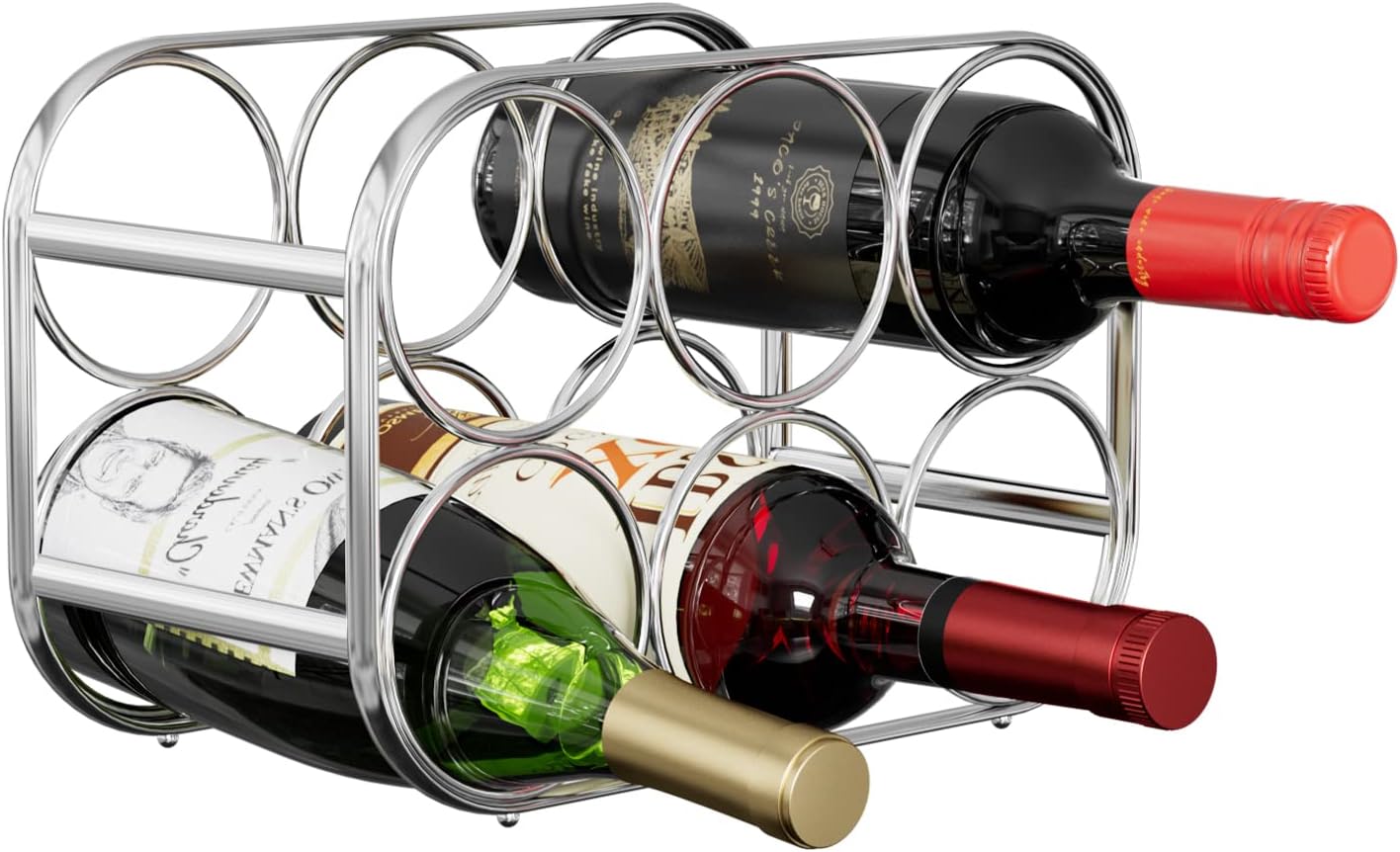 6-Bottle Wine Rack, Modern Metal Countertop Wine Holder Stand for Kitchen, Pantry & Cabinet Storage, No Assembly Required, Silver
