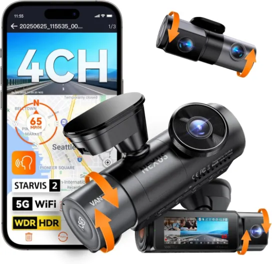 N5S 4 Channel 360 Degree WiFi Dash Cam, STARVIS 2, IR Night Vision, 2.7K+1080P*2+1440P Front Rear Inside Dashcam, Voice Control, GPS, 24 Hours Parking Mode, IR Night Vision, Support 1TB Max