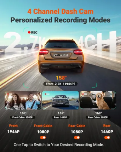 N5S 4 Channel 360 Degree WiFi Dash Cam, STARVIS 2, IR Night Vision, 2.7K+1080P*2+1440P Front Rear Inside Dashcam, Voice Control, GPS, 24 Hours Parking Mode, IR Night Vision, Support 1TB Max