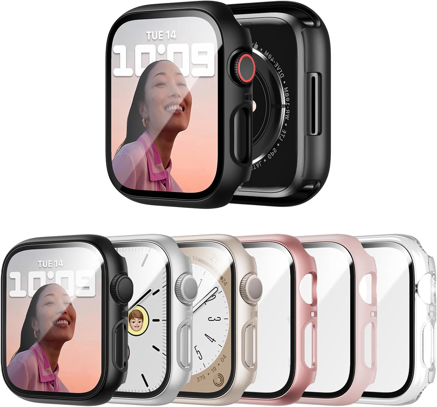 6 Pack Case with Tempered Glass Screen Protector for Apple Watch Series 9/8/7 41mm, Ultra-Thin Scratch Resistant Full Protective Hard PC Bumper Cover for iWatch 41mm Accessories 41mm for Series 9/8/7 Black/Clear/Starlight/Silver/Rosegold/Pink