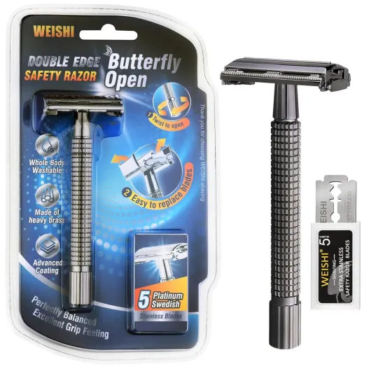 Butterfly Open Double Edge Safety Razor for Men, Nostalgic Long Handle with 5 Stainless Razor Blades, Reusable Wet Shave Tool for Smooth, Close Shave Classic