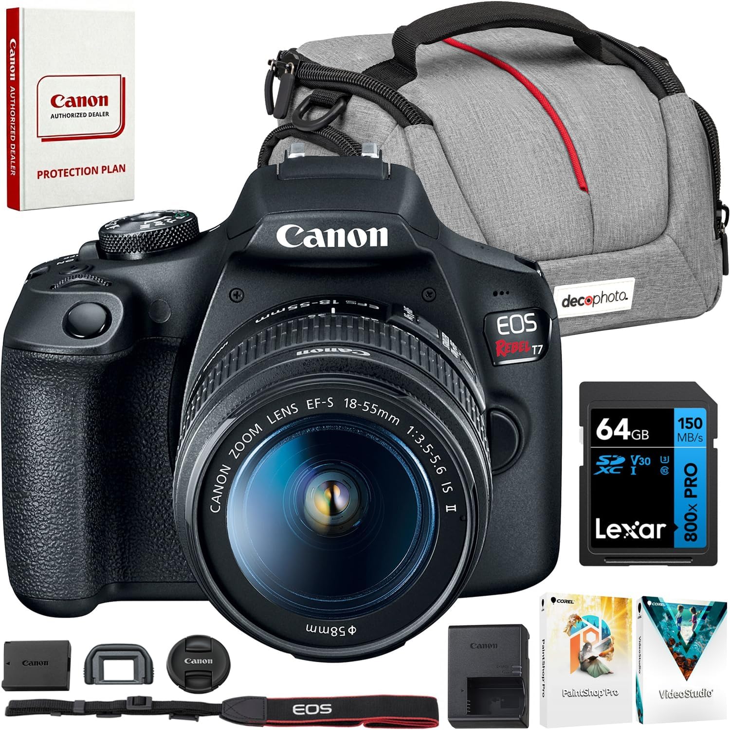 EOS Rebel T7 Digital SLR Camera 18-55mm f/3.5-5.6 is II Kit 2727C002 Bundle with Lexar Premium 64GB SDXC Memory Card, Deco Essentials Camera Bag and Corel Photo Video Suite w/ 18-55mm Lens + Essentials Kit