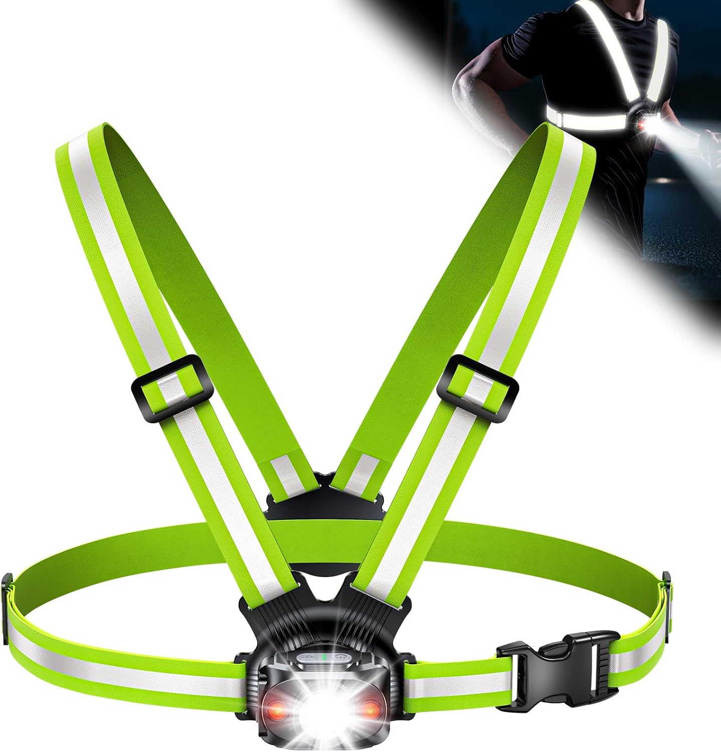 Running Lights for Runners, 500 Lumens Running Light with 45° Adjustable Tilt, 360° Reflective Vest & IPX4 Waterproof Rechargeable Safety Light Up Gear for Night Walking/Cycling/Jogging/Hiking front light+reflective board
