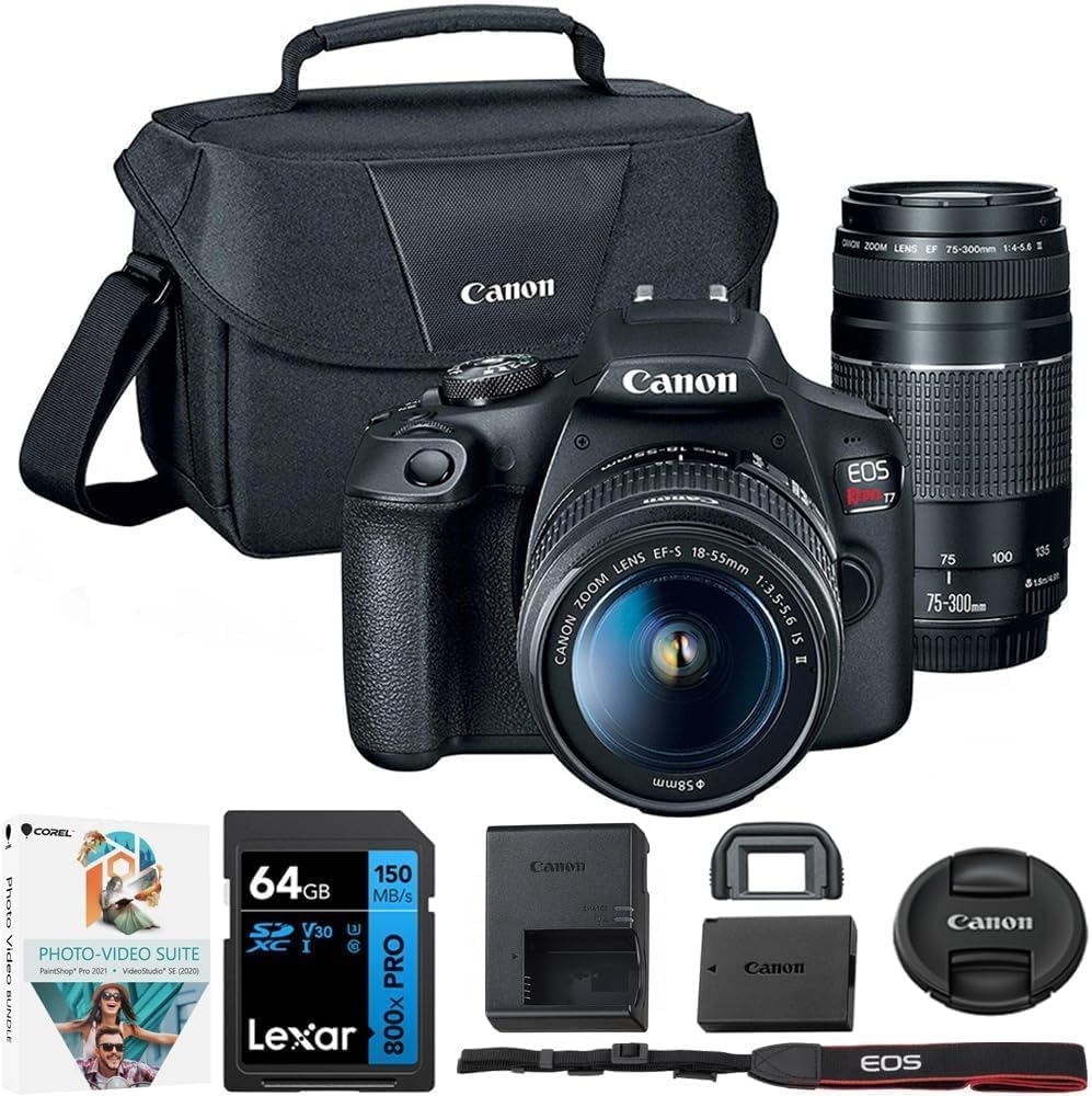 EOS Rebel T7 DSLR Camera with EF18-55mm + EF 75-300mm Double Zoom Kit 2727C021 Bundle with Lexar Premium 64GB SDXC Memory Card, Deco Essentials Camera Bag and Corel Photo Video Suite w/ 18-55mm + 75-300mm Lenses Essentials Kit