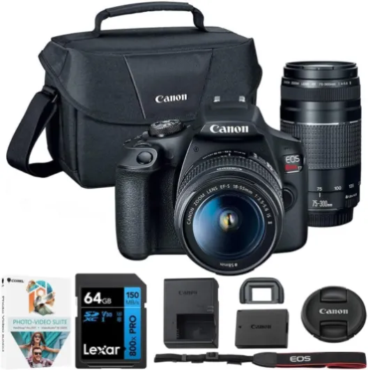 EOS Rebel T7 DSLR Camera with EF18-55mm + EF 75-300mm Double Zoom Kit 2727C021 Bundle with Lexar Premium 64GB SDXC Memory Card, Deco Essentials Camera Bag and Corel Photo Video Suite w/ 18-55mm + 75-300mm Lenses Essentials Kit