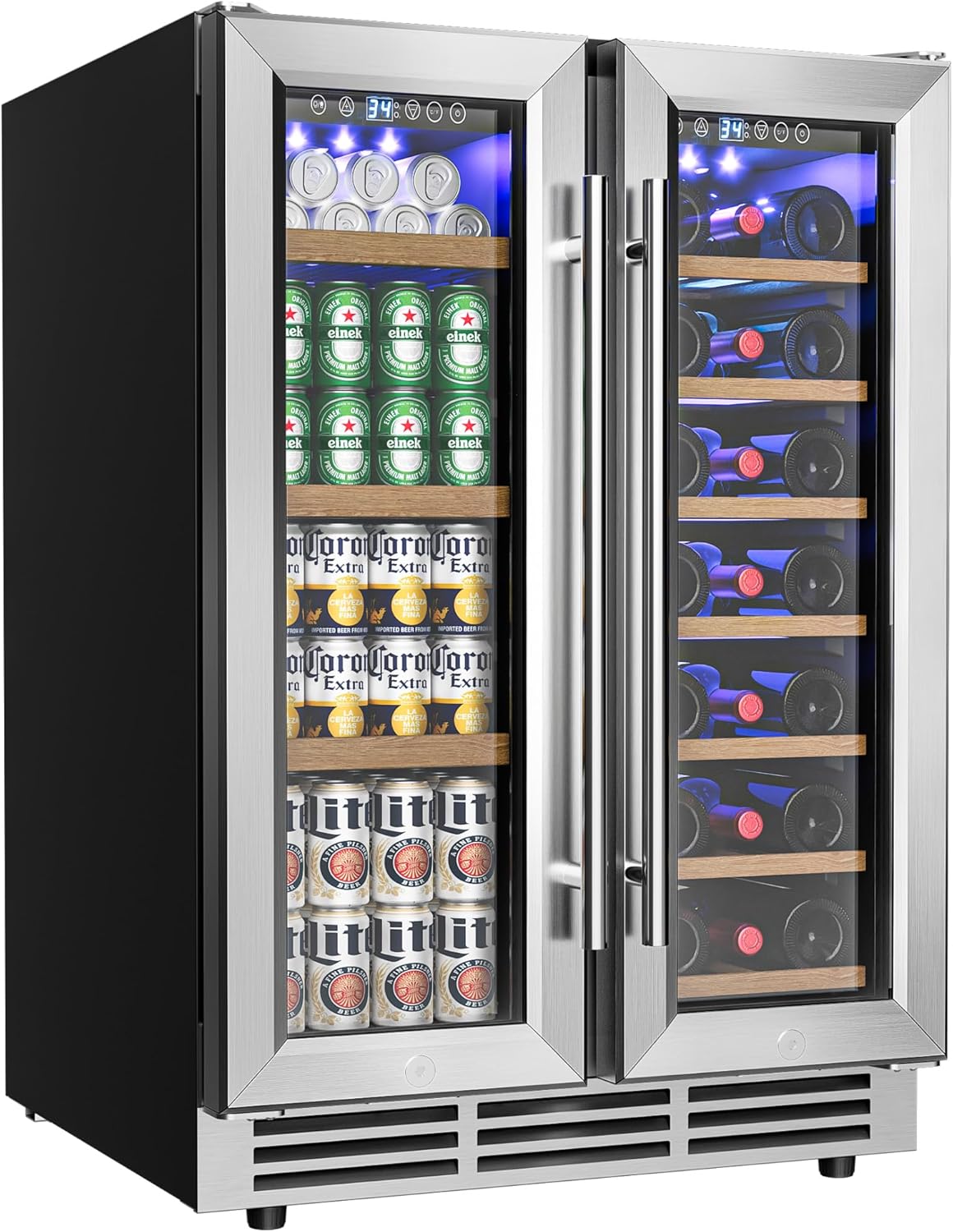 Wine and Beverage Refrigerator, 24 Inch Dual Zone Wine Cooler with Glass Door Hold 21 Bottles and 88 Cans, Built in or Under Counter Wine Fridge with Blue LED Light