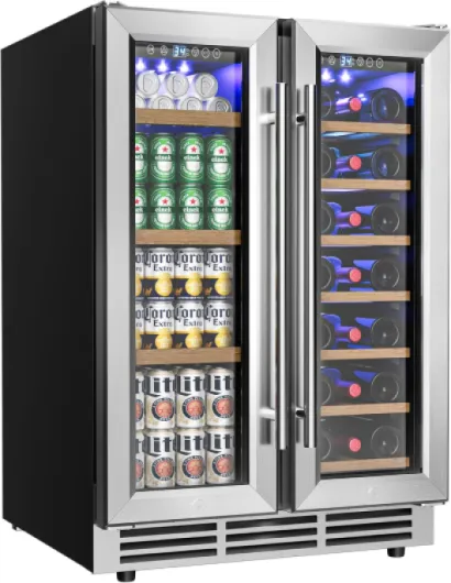 Wine and Beverage Refrigerator, 24 Inch Dual Zone Wine Cooler with Glass Door Hold 21 Bottles and 88 Cans, Built in or Under Counter Wine Fridge with Blue LED Light