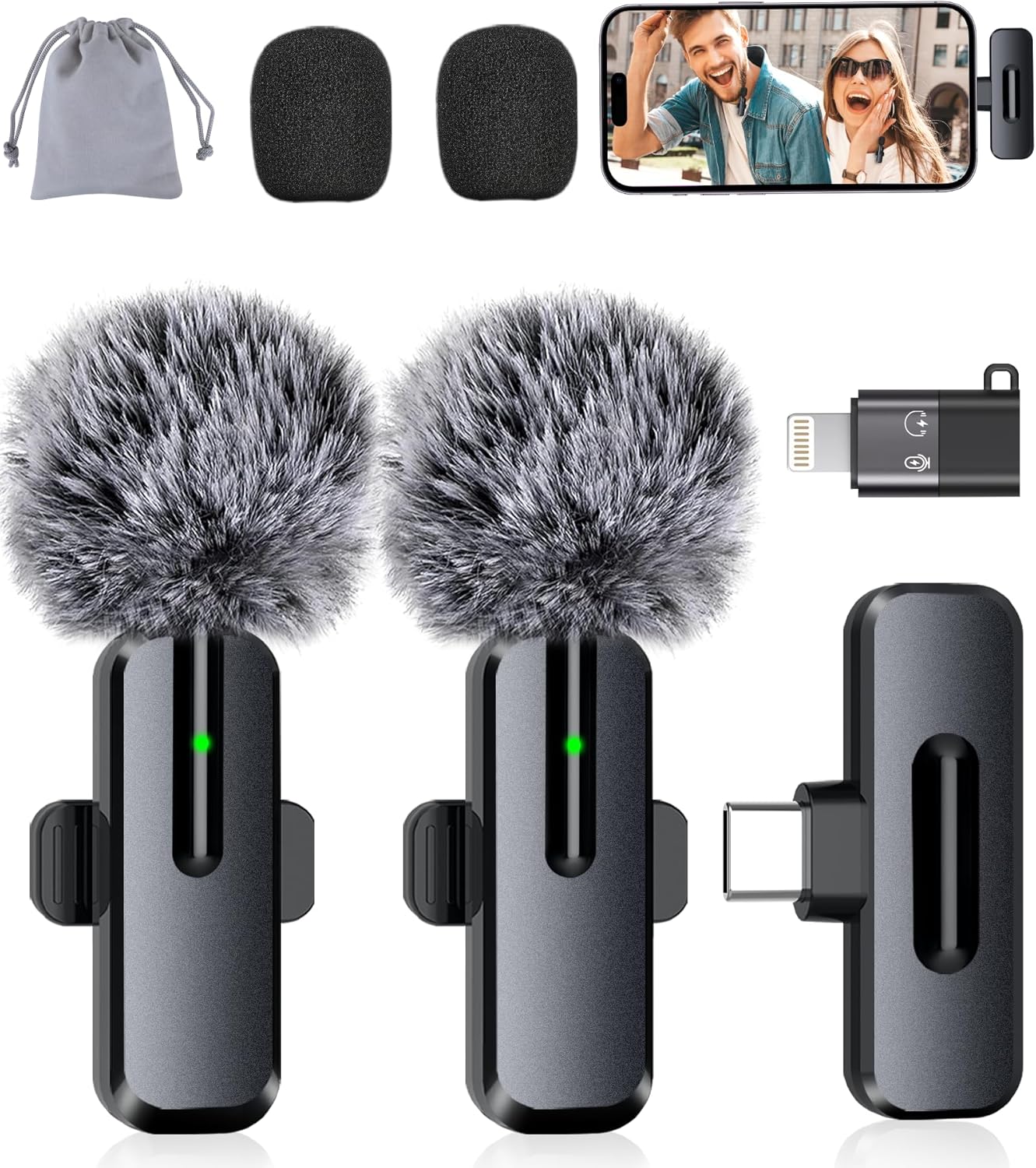 Wireless Mini Microphone for iPhone - 2 Pack Lavalier Microphone for Video Recording, 2 In 1 Noise Reduction Lapel Mic for Ipad, Android,Clip-on Mini Mic with USB-C for Content Creators Podcast Black-(USB-C + Lightning)