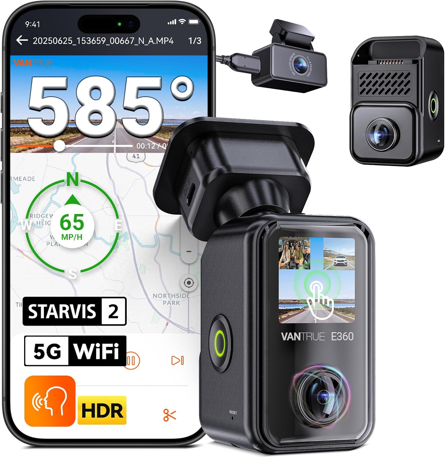 E360 Plus All Channel Dash Cam, 585°, Dual STARVIS 2, Fisheye Front + Fisheye Inside + Rear Dash Camera, Dual IR Night Vision, GPS, WiFi, Touchscreen, Parking Mode, Voice Control, Support 1TB