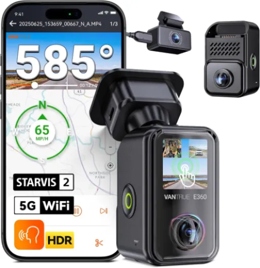 E360 Plus All Channel Dash Cam, 585°, Dual STARVIS 2, Fisheye Front + Fisheye Inside + Rear Dash Camera, Dual IR Night Vision, GPS, WiFi, Touchscreen, Parking Mode, Voice Control, Support 1TB