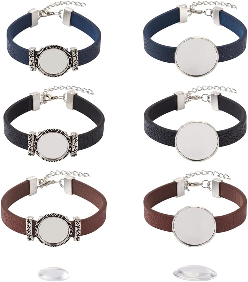 14Pcs PU Leather Cord Bracelet Bezel Tray Blank Flat Round Cabochon Settings Bezel Tray Watch Bands Base Tray Bracelet Blanks with Glass Cabochons for Jewelry Making